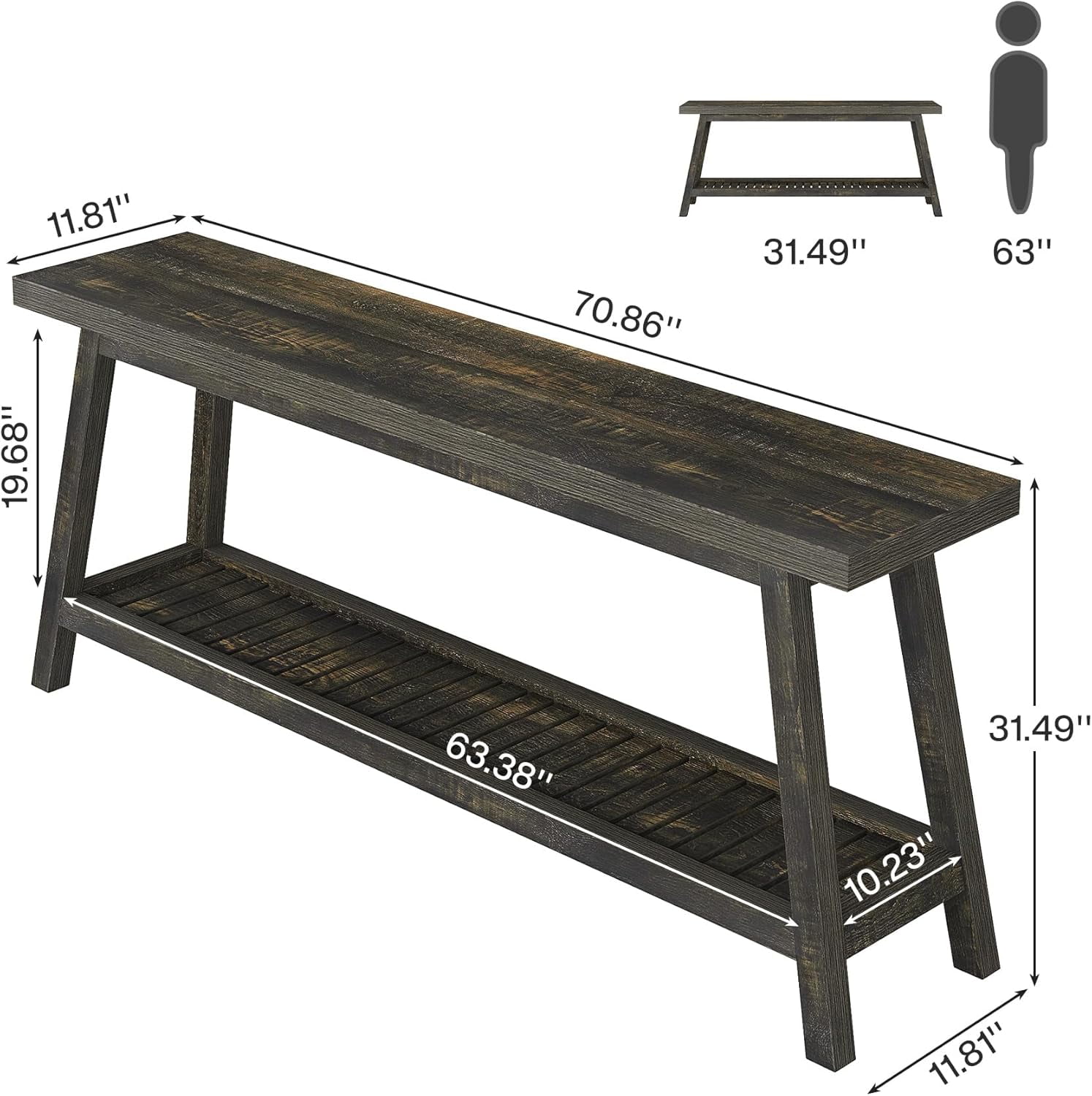 Tribesigns Farmhouse Console Entryway Table, 70.9" Extra Long 2-Tier Narrow Wood Table for Hallway, Living Room, Entrance, Dark Brown
