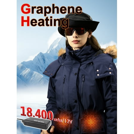 Fuklindy Graphene Heated Jacket for Women with Battery 12V Fast Charge 18400mAh Large Capacity Winter Outdoor Lightweight Heating Jackets Navy
