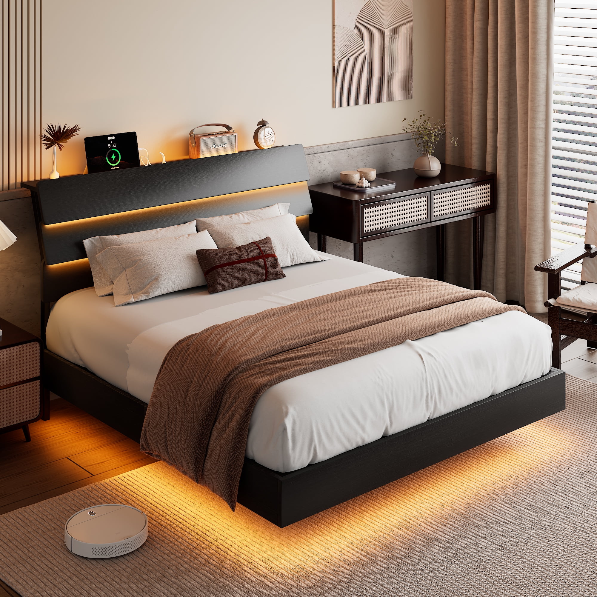 Einhomn Floating Bed Frame Queen Size with Storage Headboard, LED Lights and Charging Station, No Box Spring Needed