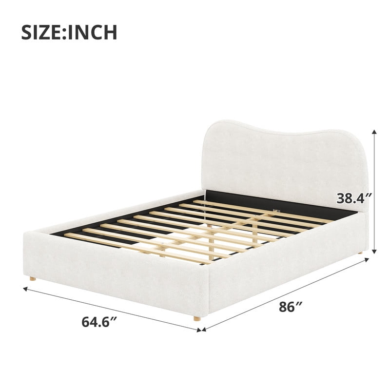 Queen Size Boucle Upholstered Platform Bed with Wooden Slats, Short Legs Low-Profile Bed Frame with Curved Headboard