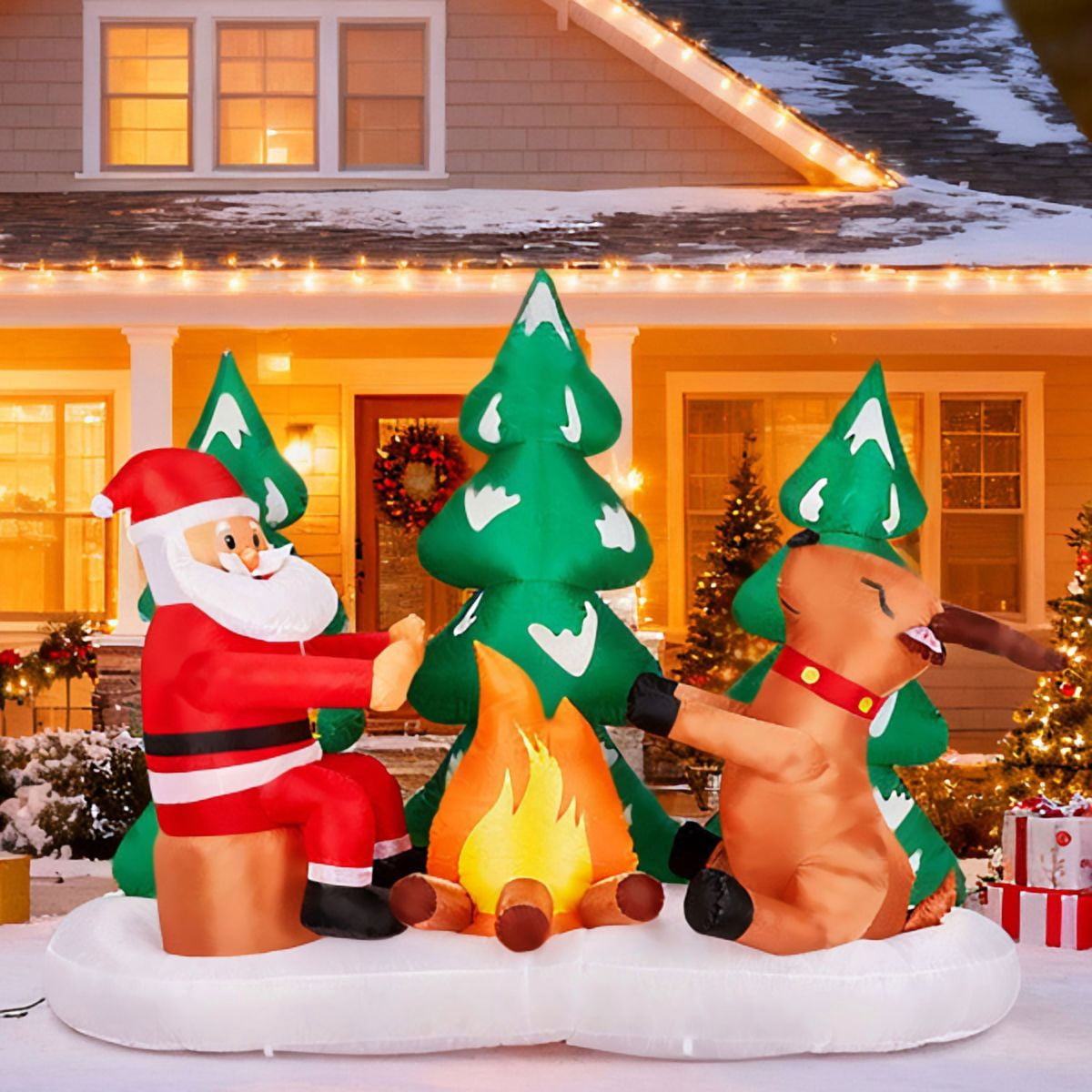Alvantor 9 ft Lighted Christmas Inflatable, Santa and Reindeer Campfire Scene with 9 White LEDs, Outdoor Yard Decor