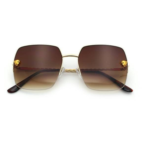 Womens Jaguar Head Stud Half Rim Metal Rim Oversized Rectangle Sunglasses Gold - Brown