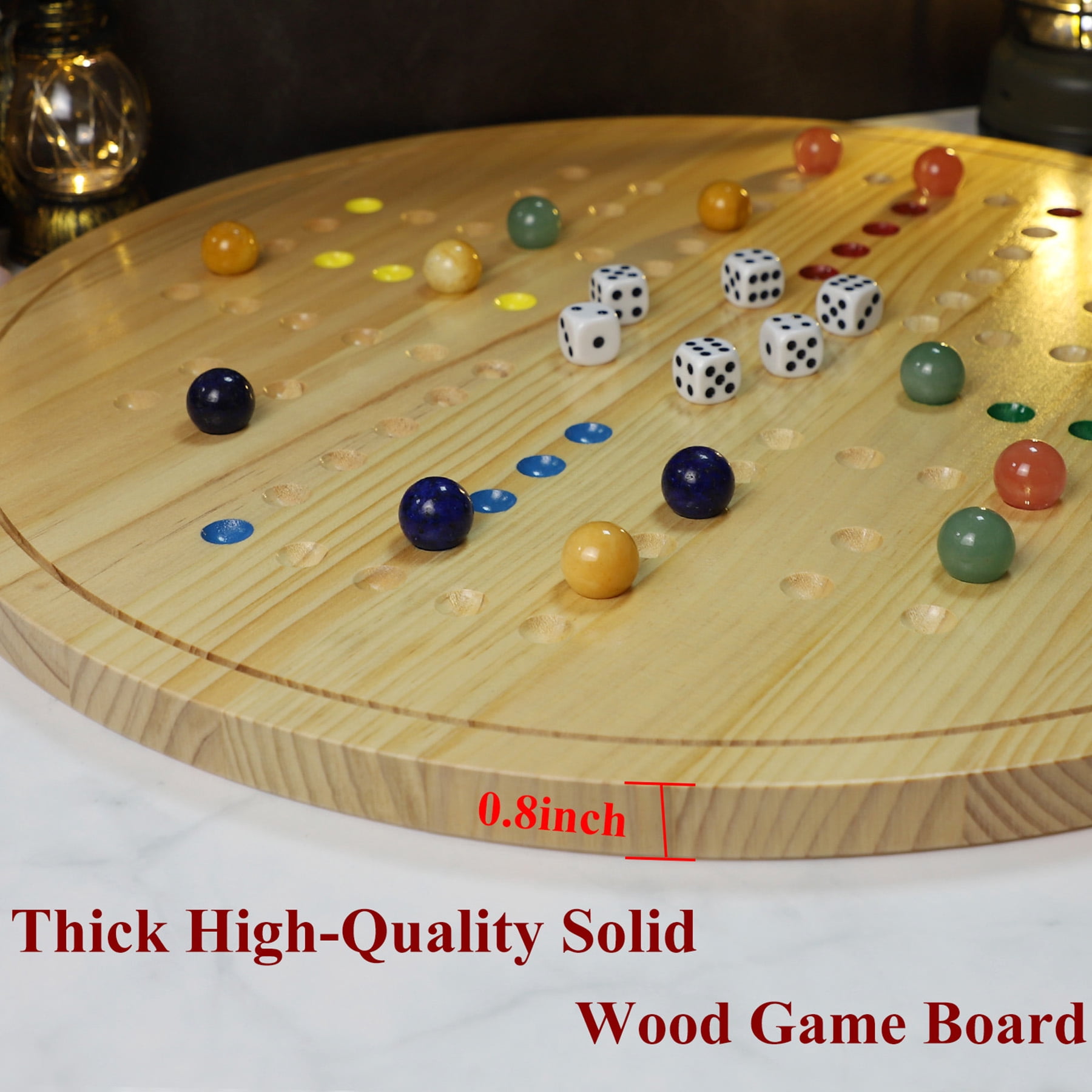 20 in Large Original Marble Game 30 Natural Marbles Wahoo Board Game Double Sided Painted Wooden Fast Track Board Game for 6 and 4Players 6Colors 30 Marbles 6 Dice for Family Friends and Party