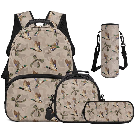 Aplkyhs Camo Bow Duck Kids Backpack Set, 4 Pieces with Lunch Bag, Pencil Case and Water Bottle Holder for Elementary, Middle School and Travel