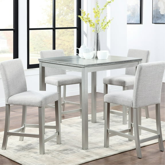 5 Counter Height Dining In Silver Grey With Ergonomic Chairs Square Table And Comfy Chair Construction