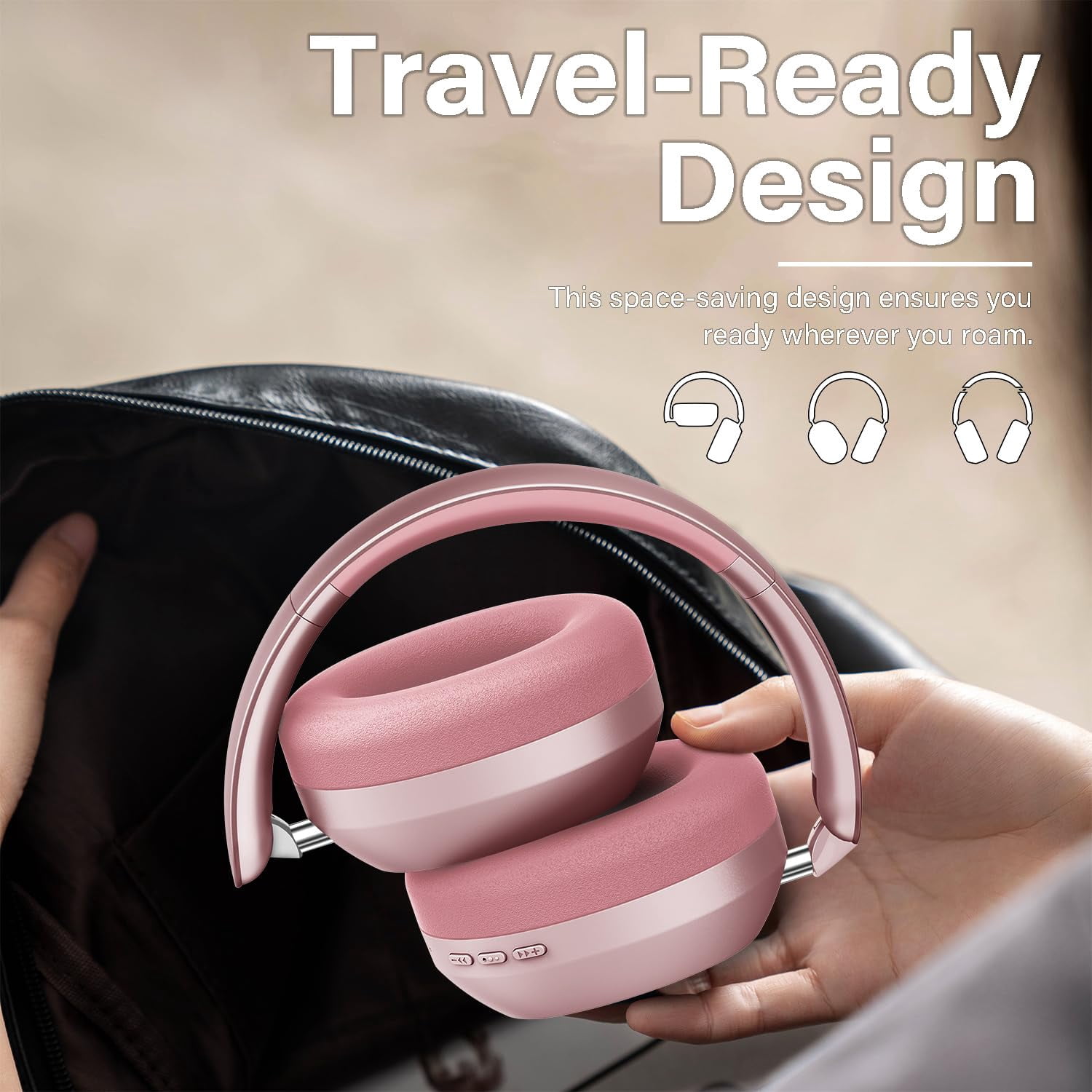 Mahipey Y05 Bluetooth Headphones Wireless Over Ear with Microphone,48 Hours Playtime,High Sound Quality,Foldable Soft Earpads Earphones for Travel/Commute/Workouts Pink