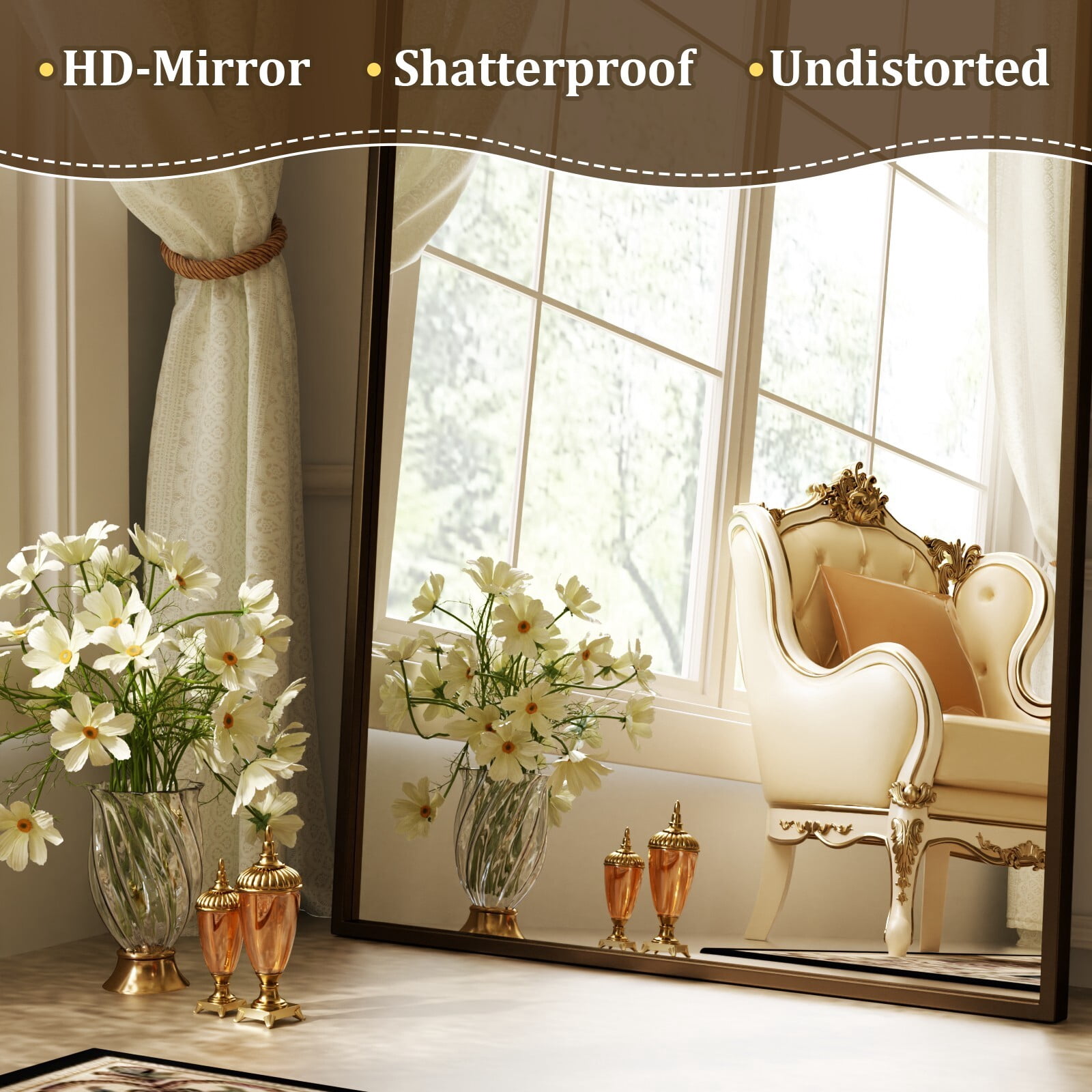 Easy4Home 73"x32" Vintage Arched Full Length Mirror Standing Floor Mirror with Baroque Style Carving Metal Frame, Antique Bronze