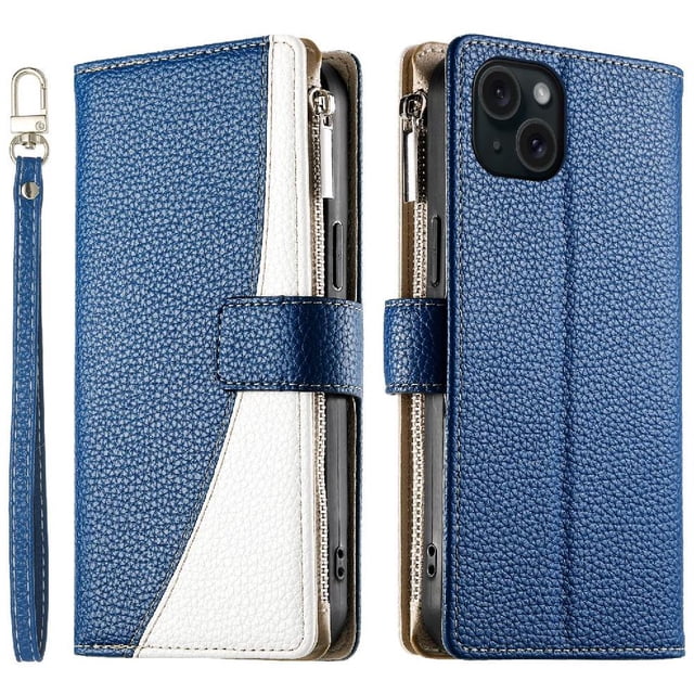 Funda cartera GANGXUN para iPhone 15 Plus , cuero PU con tarjetero, cremallera, correa de mano, soporte y protección 814°