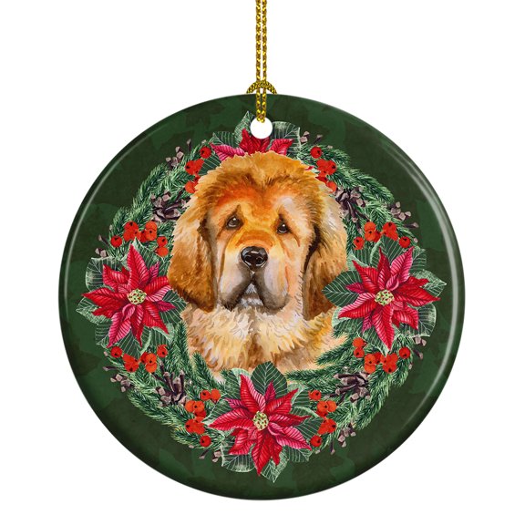 Tibetan Mastiff Poinsetta Wreath Ceramic Ornament 2.8 in x 2.8 in