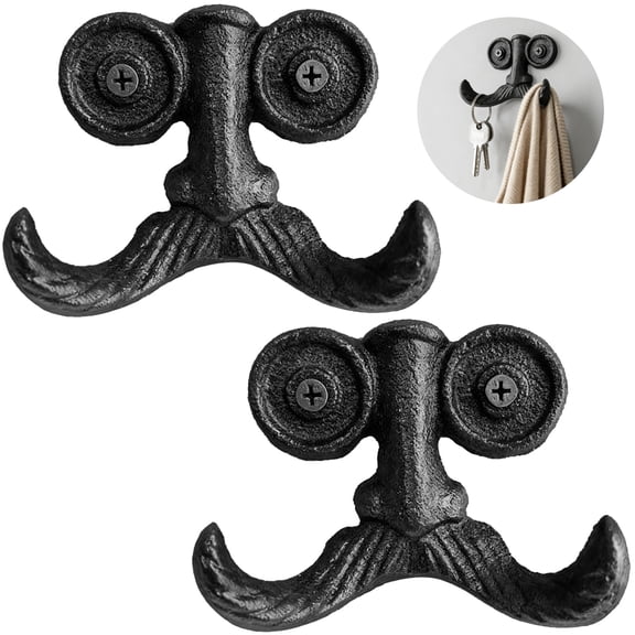 2 Pcs Cast Iron Wall Hooks, Beard-Shaped Wall Hook, Strong Vintage Hooks for Hanging Coats Hats Keys Towels, Rustic Decorative Wall Mount Coat Rack, 4.33 x 3.54 in / 11 x 9 cm, Brown