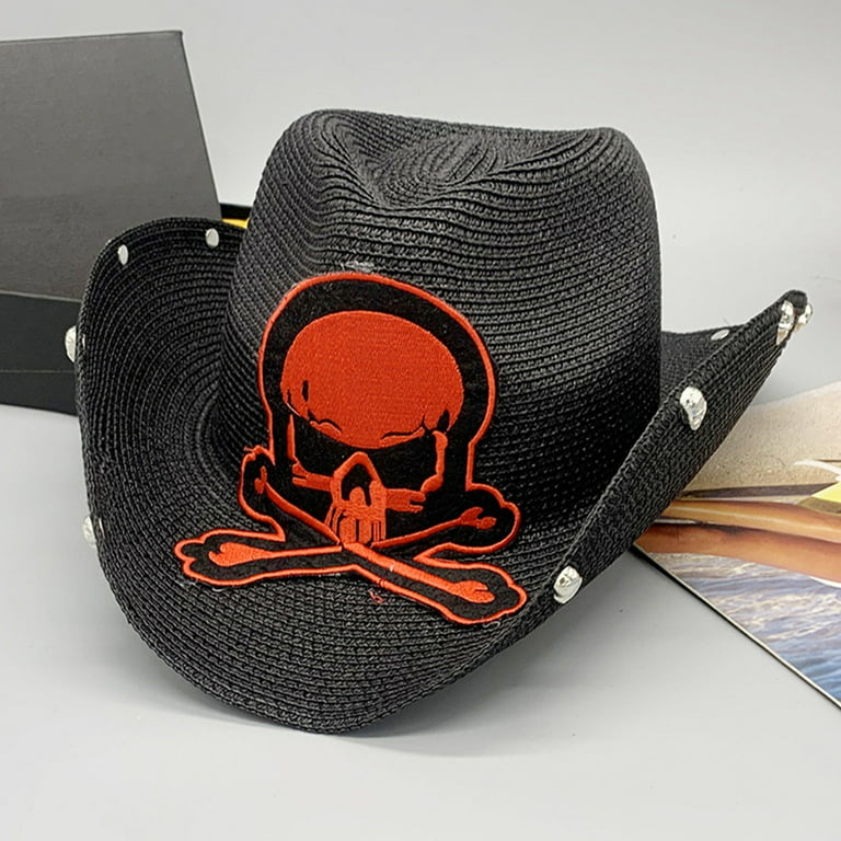 Punk Style Cowboy Straw Weaving Hat for Men Western Cowboy Hat with  Embroidery Skull Model Cowboy Summer Sunproof Hat 