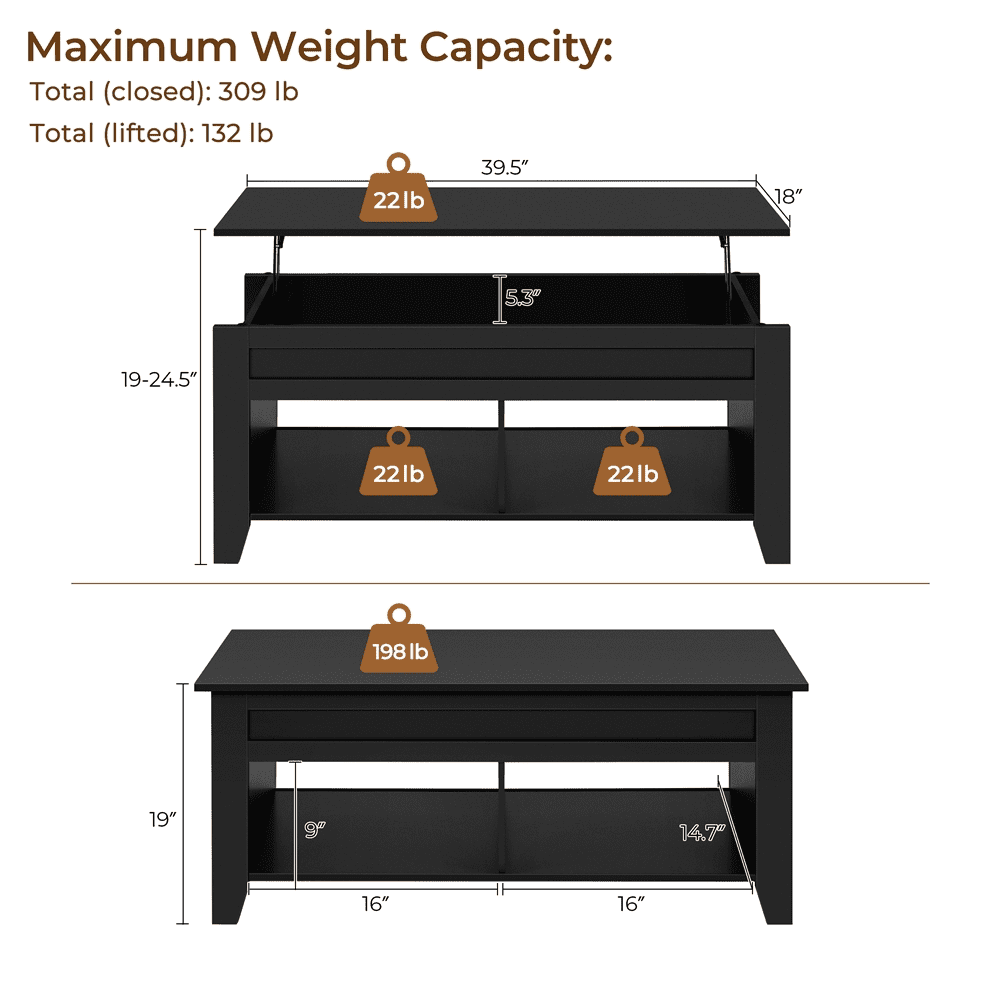 Yaheetech 39.5in Lift Top Coffee Table w/ Storage & 2 Open Shelves for Living Room, Black