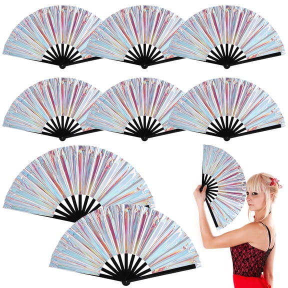8 Pcs Folding Hand Fans, Foldable Rave Fans for Line Dancing, Reflective Rainbow PVC Fans, Boots on The Ground Fans, Click Portable Handheld Props, Ideal for Dance Performances