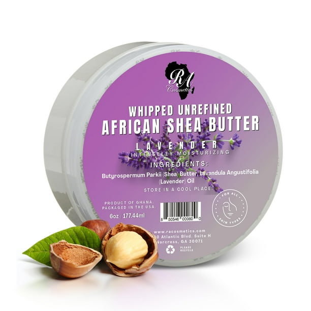 RA COSMETICS Manteca de karité batida Lavanda - 6oz | Manteca de karité africana pura y natural para hombres y mujeres: humectante artesanal definitivo con vitaminas esenciales para una piel radiant