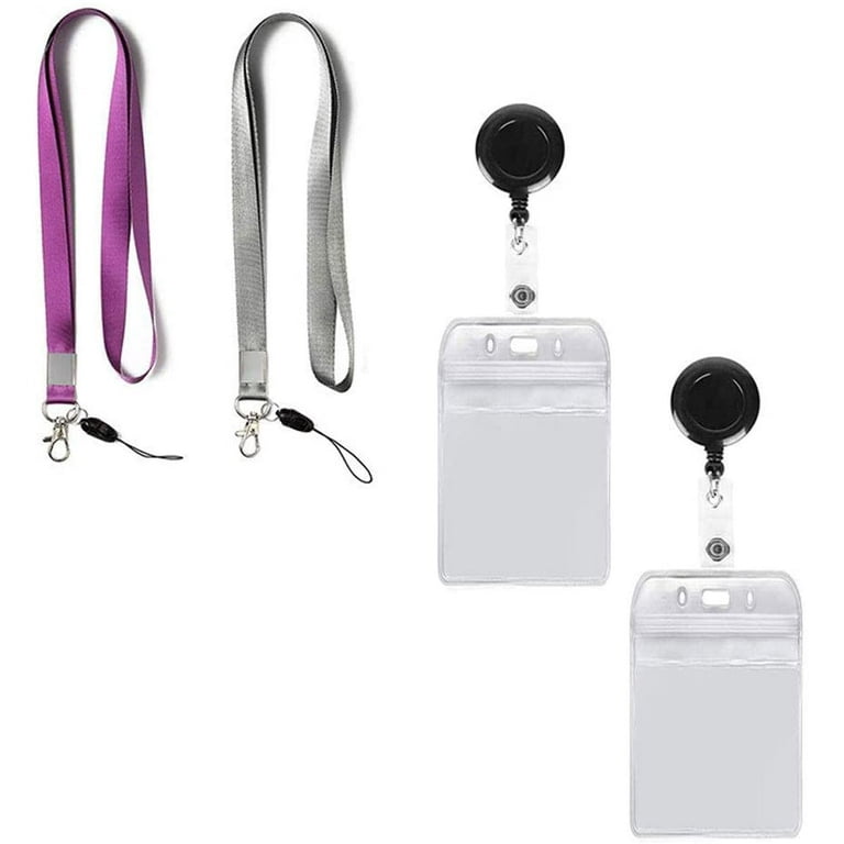 2 Packs ID Lanyard with Badge Holder Reel, Retractable ID Badge  Holder，Vertical Clear PVC Card Holder Waterproof Resealable Zipper (Purple/Gray)  