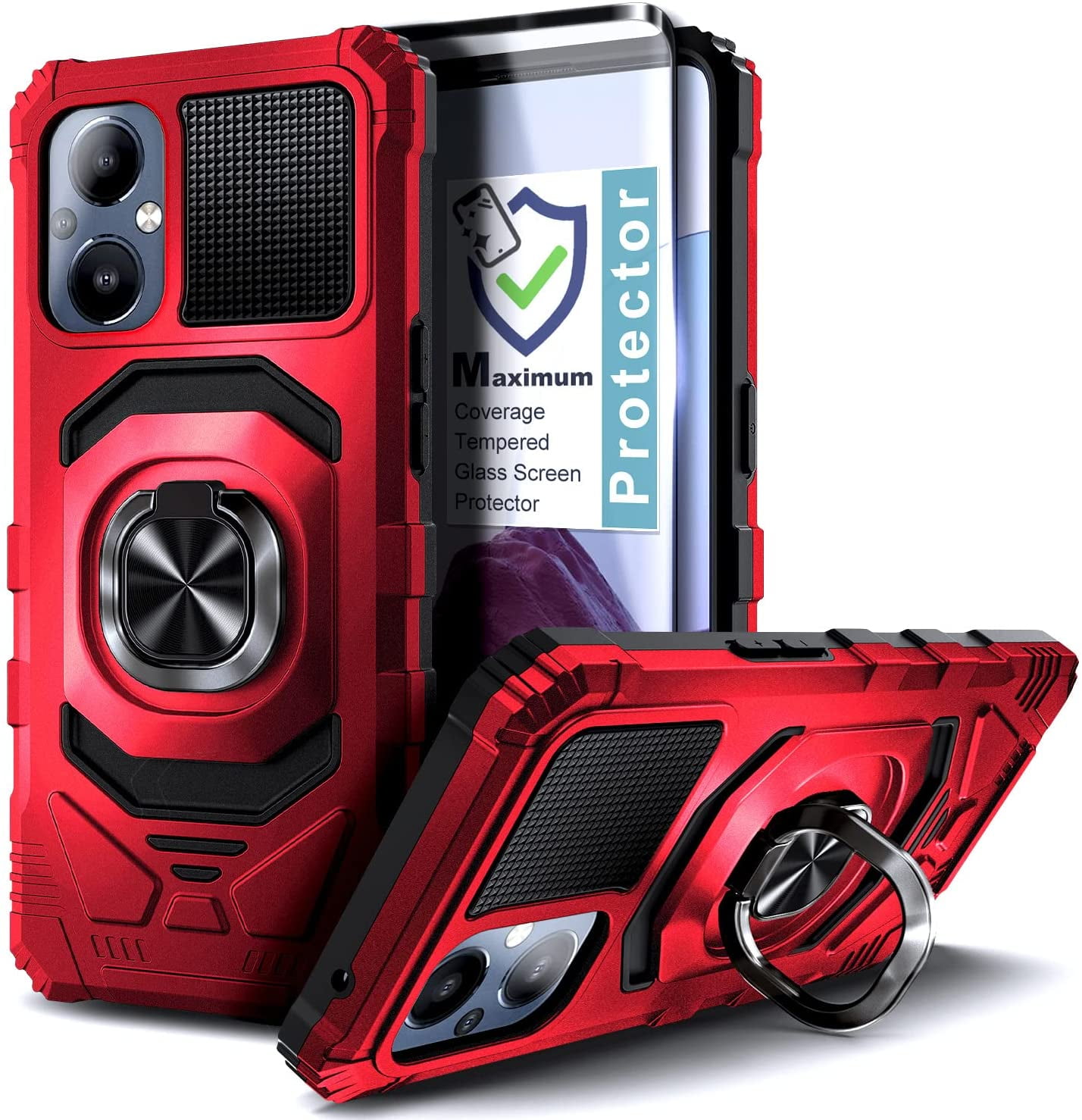 OnePlus Nord N20 5G Phone Case with Tempered Glass Screen Protector (Full Coverage), Nagebee Full-Body Protective [Military-Grade], Magnetic Car Mount Ring Holder, Heavy-Duty Durable Case (Red)