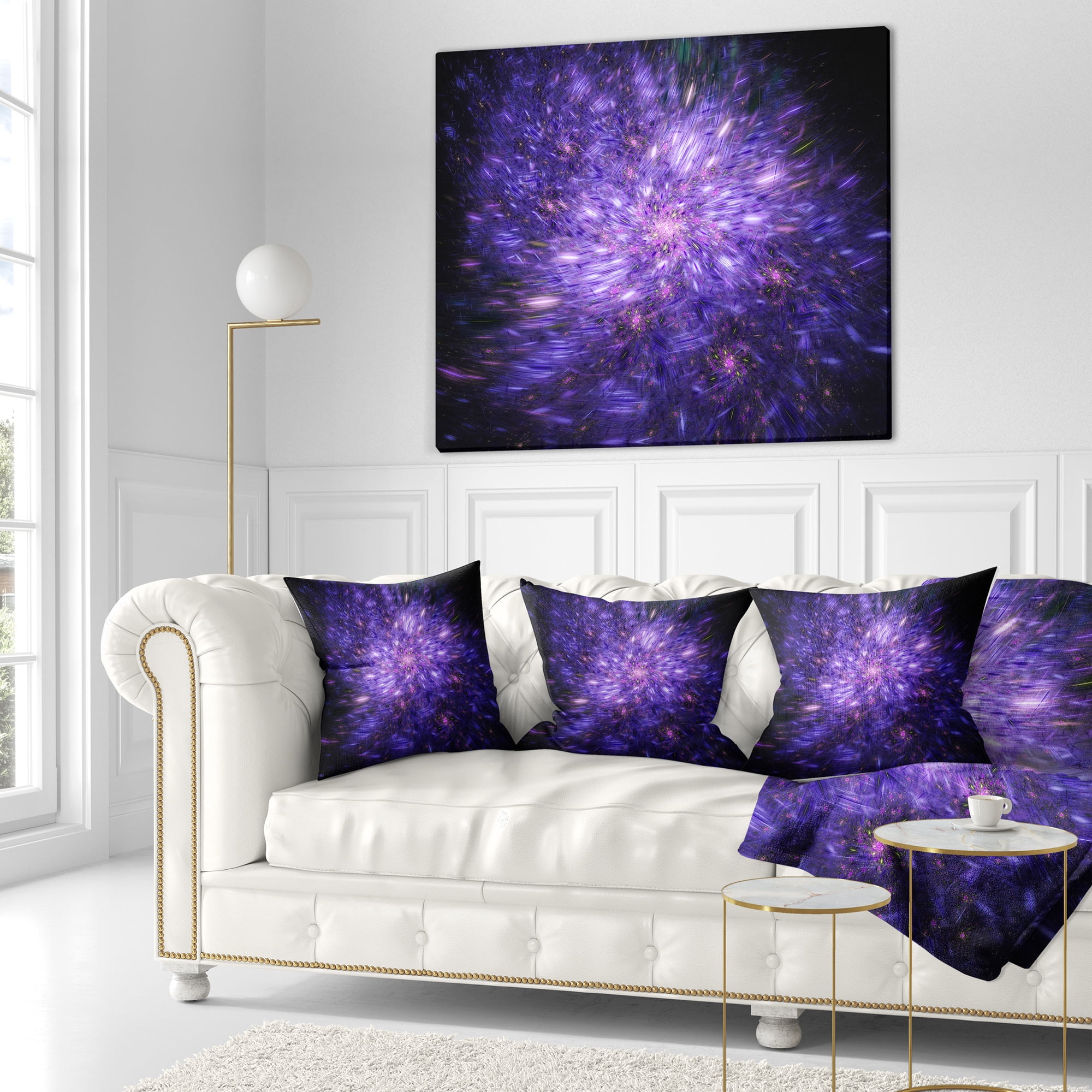 Designart Purple Fireworks on Black - Abstract Throw Pillow - 16x16