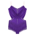 thumbnail image 3 of TiaoBug Women's Salsa Latin Dance Dress Fringe Tassels Camisole Leotard Sleeveless Rhinestones Mesh Bodysuit Purple XL, 3 of 5