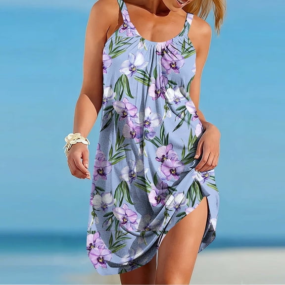 Inverlee Women's Sleeveless Summer Maxi Dresses Tropical Hawaiian Print Resortwear V-Neck Pleated Tank Dress Trendy Casual Baggy Beach Sundress