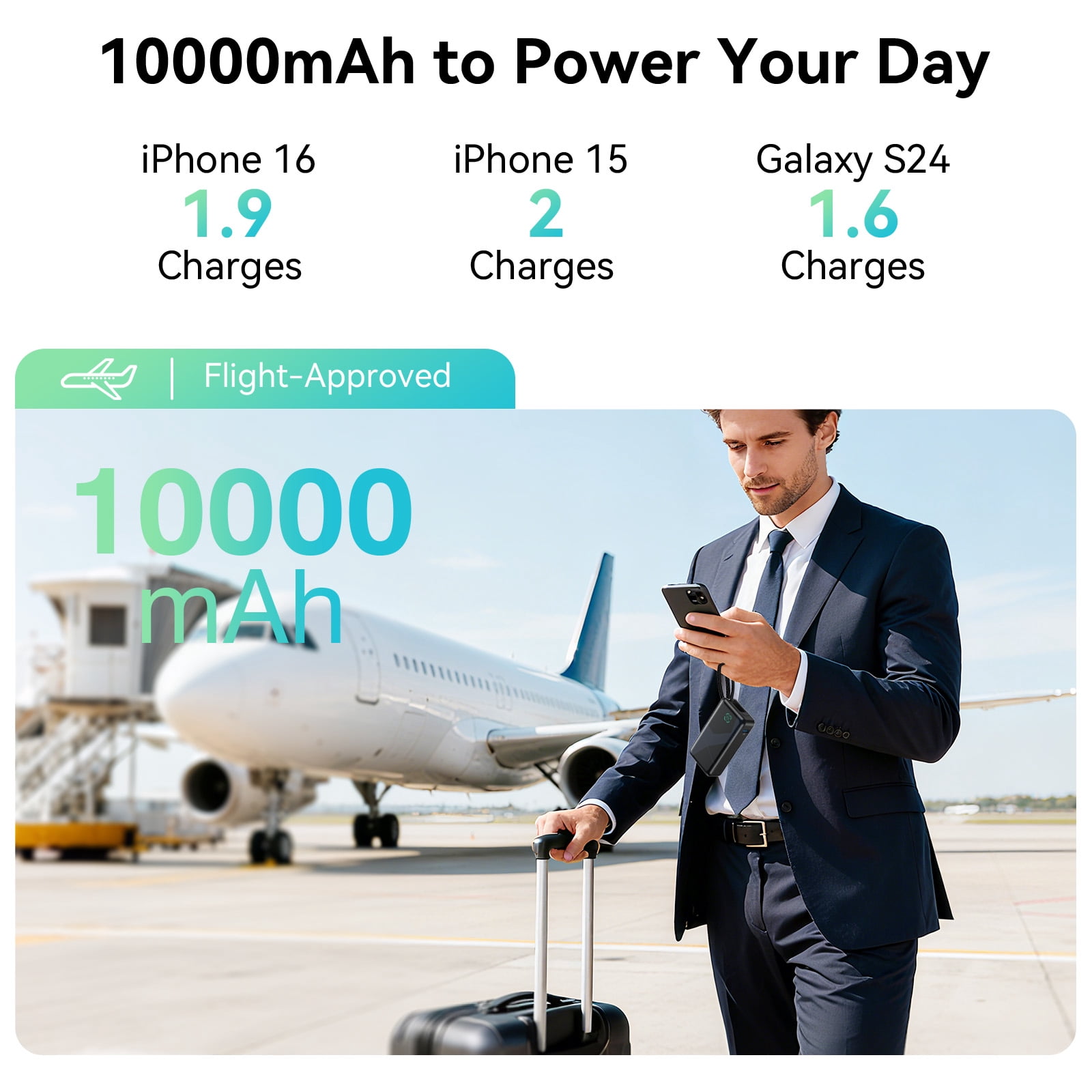 Portable Charger Power Bank, 10,000mAh PD 30W Fast Charging External Battery Pack with Built-in USB-C Cable, Travel Phone Charger with USB-C&A Output Compatible with iPhone, iPad, Samsung & More