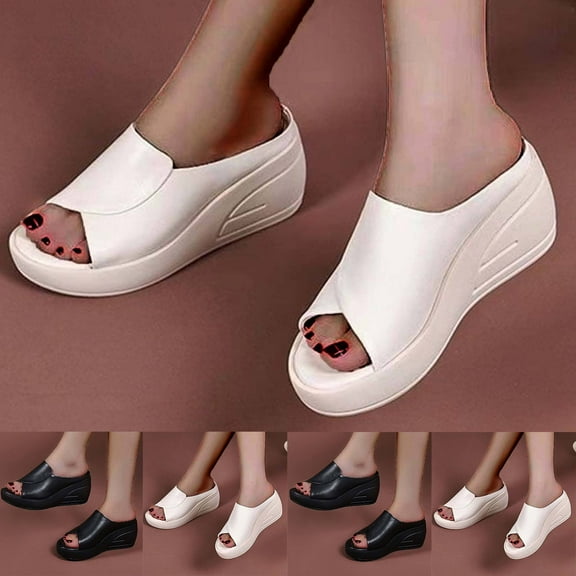 Hinvhai Sandals for Women Wide Width,Damping Sole Stretch Lightweight Arch Support Flat Slip on Platform Wedge Slides Walking Summer Shoes White 9(42)