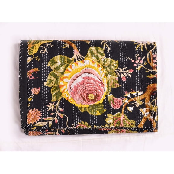 Floral Handmade Bedspread Indian Kantha Quilts Double Size Reversible Hand Quilted Kantha Bed Quilts Bohemian Comforter Gudri Decor