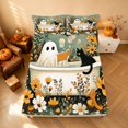 thumbnail image 3 of Homewish Halloween Bath Ghost Bed Sheets, Blossoms Black Cat Full Size Sheets, Sage Green White, 4pcs (1 Flat Sheet, 1 Fitted Sheet and 2 Pillowcases), 3 of 4