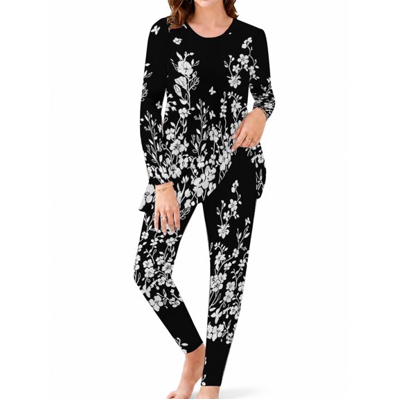 Women's Milk Silk Sleepwear Long Sleeve Pajama Set Black and White Wild 2 Piece Loungewear