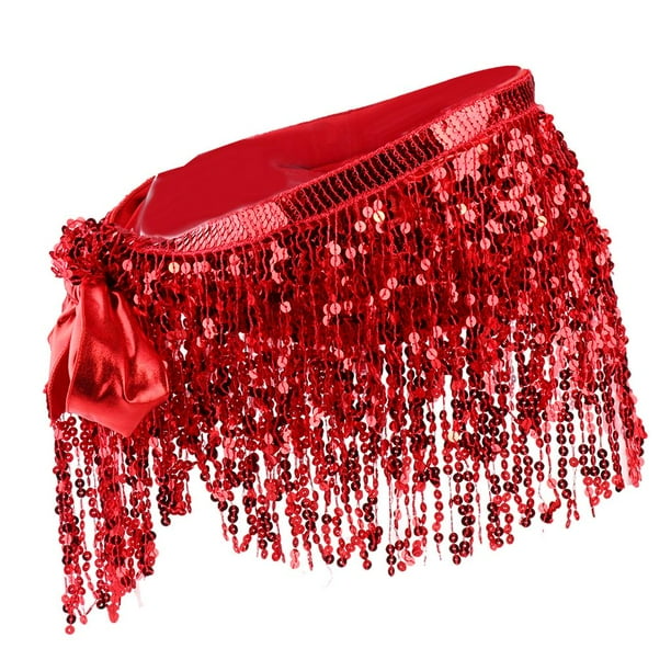 Traje de bailarina de danza del vientre: falda con lentejuelas, borlas y flecos, estilo pañuelo para la cadera, cinturón y pareo.