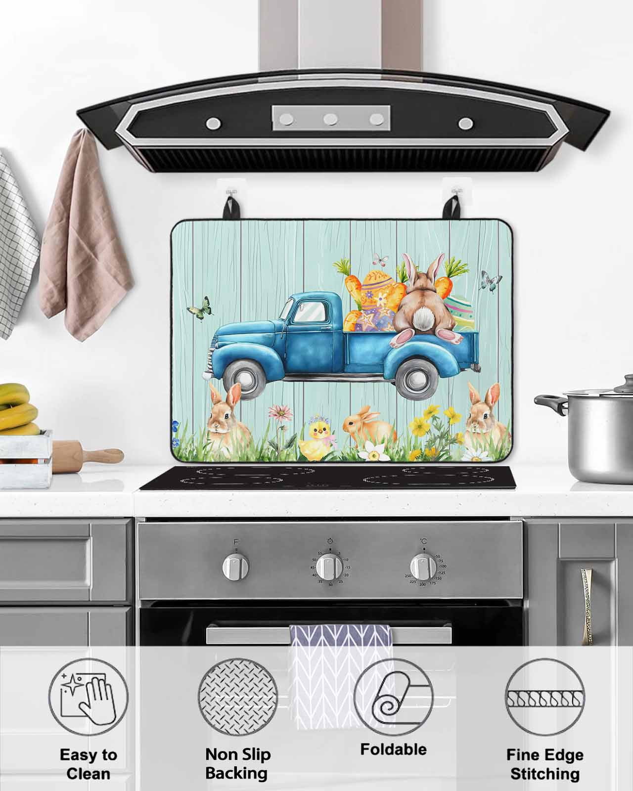 Large Induction Cooktop Protector Mat Easter Bunny Stove Top Covers for Electric Stove, Spring Watercolor Truck Wooden Grain Teal Decorative Stove Burner Cover Mats, Glass Top Stove Cover