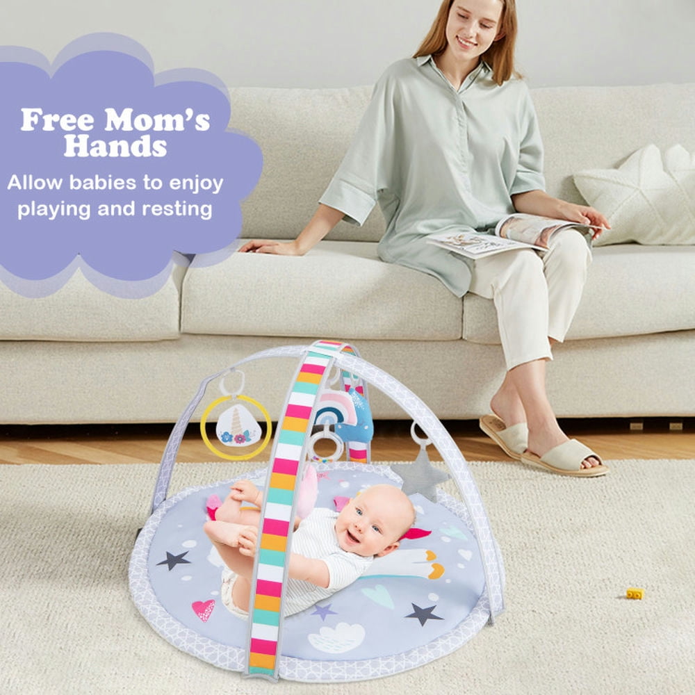 YYAo Baby Gym Play Mat, Baby Playmat Activity Center,Baby Play Gym Mat 7-in-1 Tummy Time Activity Mat with 5 Detachable Toys-Multicolor