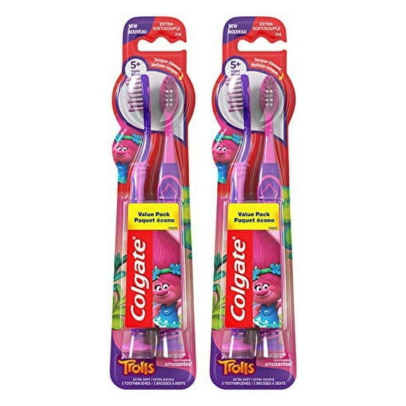 Colgate Kids Toothbrush, Trolls, Extra Soft Toothbrush with Suction Cup, 4 Pack