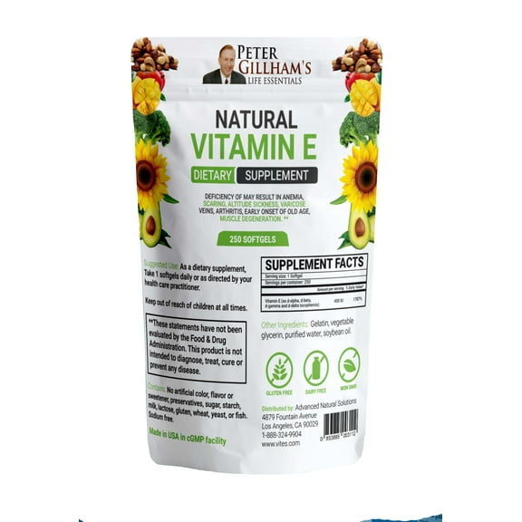 Natural Vitamin E 400IU, 250 Softgel Capsules, Antioxidant and Skin Support, Gluten Free, Made in USA