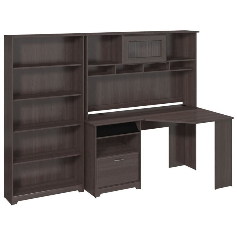 Pemberly Row Corner Desk With Hutch And 5 Shelf Bookcase In Heather Gray