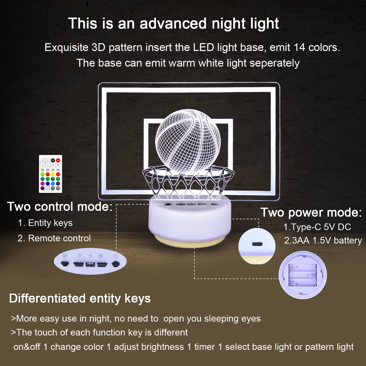 Basketball Night Light for Boys, 3D Illusion Led Lamp 14 Colors Bedroom Sports Decor Lamp with Remote Control /Buttons +Timer +Dim Function, Basketball Gifts Birthday Xmas Holiday Gift for Boys/Girls