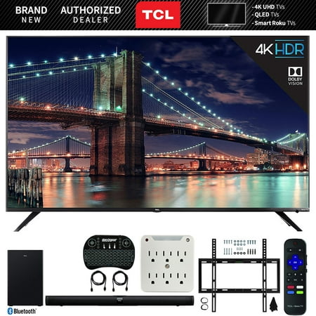 TCL 65R617 65-inch Class 6-Series 4K HDR Roku Smart TV Bundle with TCL Alto 7+ 2.1 Channel Sound Bar, Wireless Keyboard, Deco Mount Wall Mount Kit and 6-Outlet Surge