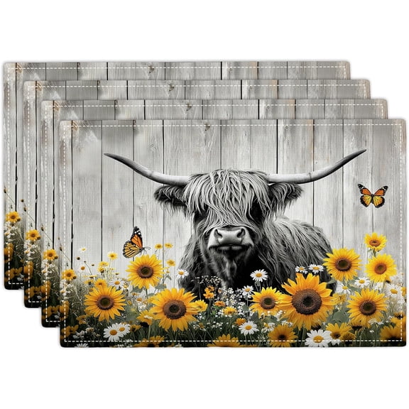 Farmhouse Placemats Set of 4, Highland Cow Place Mats, Wipeable Washable Table Mat for Kitchen Dining Home Decor Linen Plate Mat 18x12 Inch