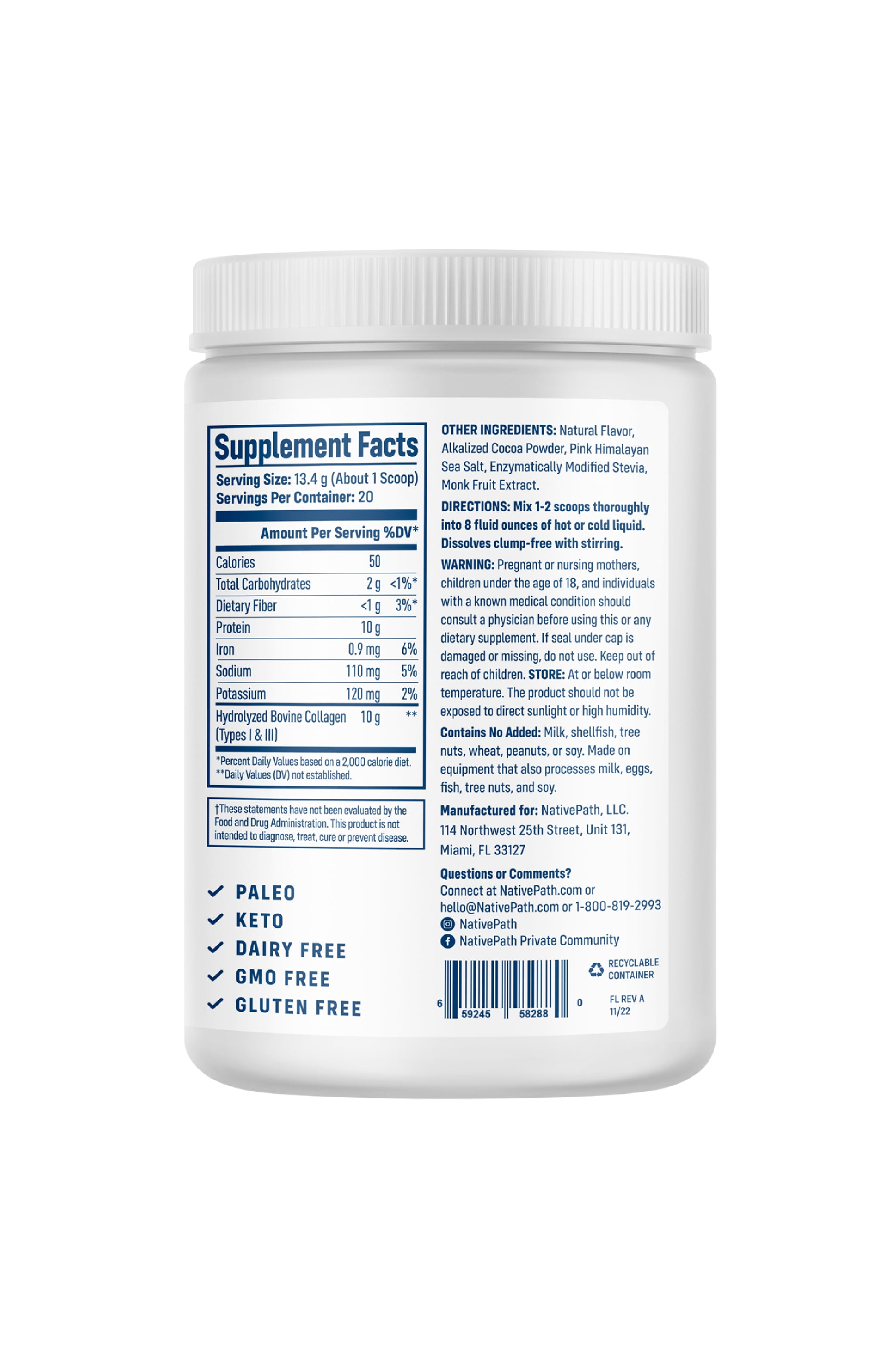 NativePath Chocolate Collagen Peptides Powder, Grass-Fed Type 1 and 3, Keto, 20 Servings