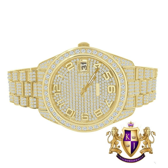 Solid Stainless Steel Solitaire Bezel 18K Yellow Gold Finish Full Iced Dial & Band Men's Simulated Diamond Watch 42mm W/Date