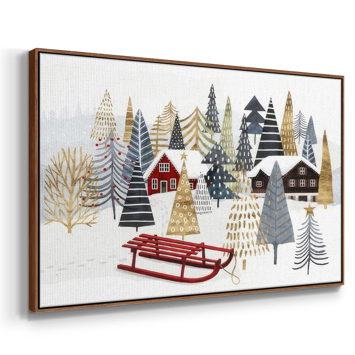 Christmas Chalet Collection A - Framed Gallery Wrapped Holiday Canvas - 17 x 25 - Rosewood Frame
