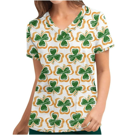 Luxalzxs Womens St. Patrick's Day Scrub Tops Green Clover Shamrock Short Sleeve V-Neck Nurse Working Uniform Funny Holiday Medical Scrubs Workwear