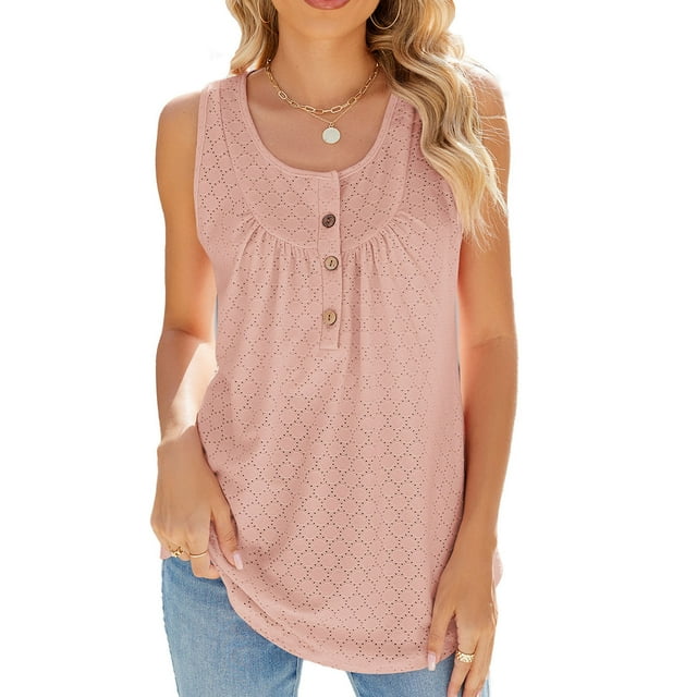 AherBiu Womens Sleeveless Tank Tops Crewneck Loose Fitting Lightweight T Shirt Tops Basic Button Tanks