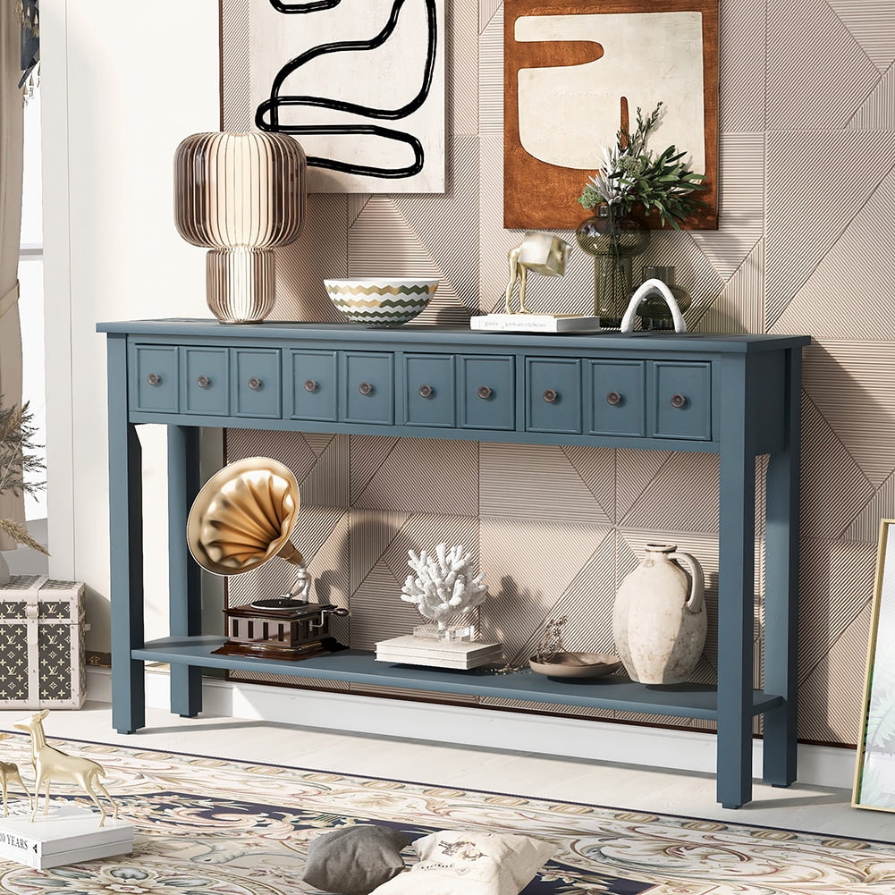 Resenkos 60" Mid-Century Modern Console Table with Two Different Size Drawers, Navy Blue