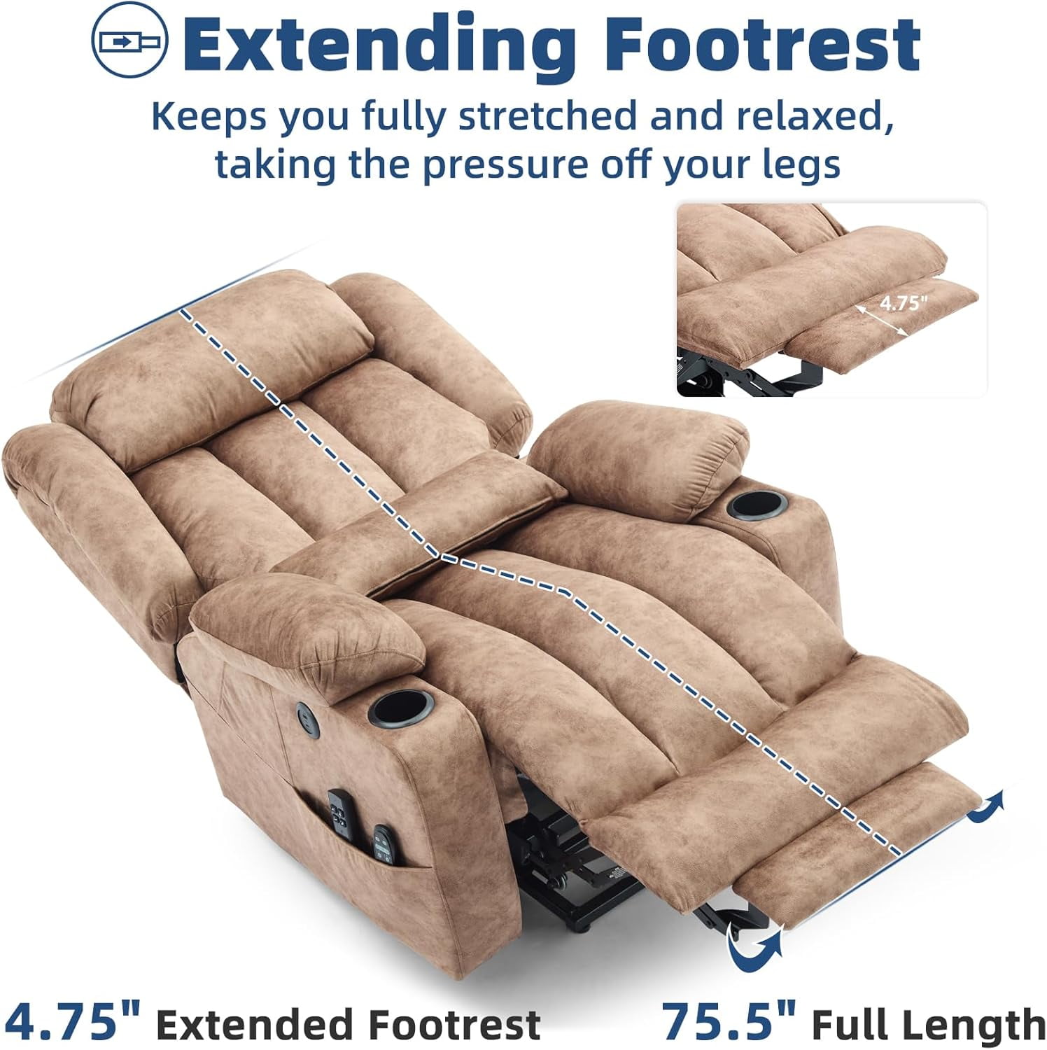 Large Dual Motor Lay Flat Power Lift Recliner Chair with Extended Footrest, Heat Massage, Oversized Electric Recliner for Big Tall Elderly, Lumbar Pillow, USB & Type-C Ports, Plush Brown