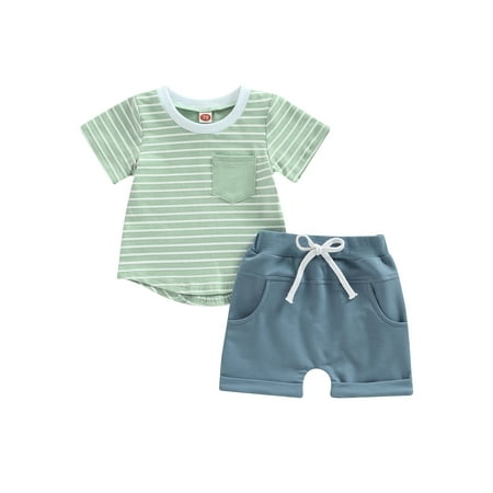 

Toddler Baby Boys 2PCS Summer Outfits Striped Short Sleeve Tops+Drawstring Waist Shorts