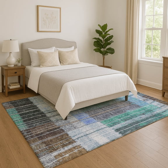 Addison Rugs Mayfield Premium Machine Washable Transitional Stripes Teal Rectangle Rug, 10' x 14'
