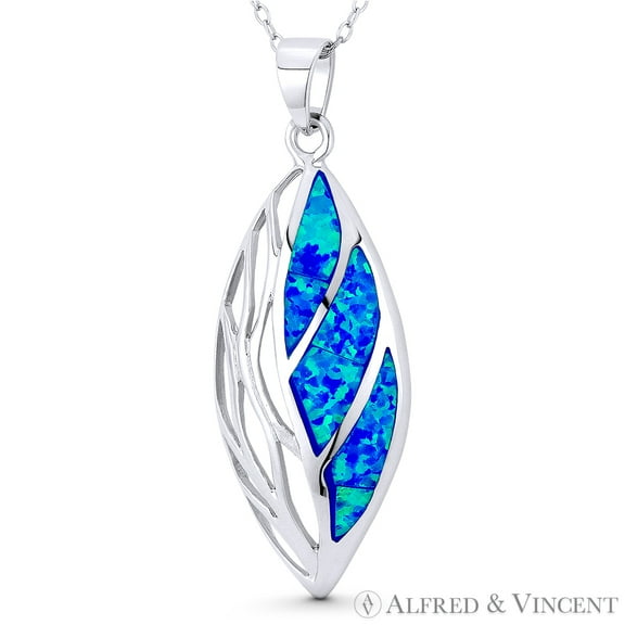 Leaf Plantlife Charm Created Opal 44x16mm (1.7x0.6in) Pendant & Chain Necklace in .925 Sterling Silver w/ Rhodium