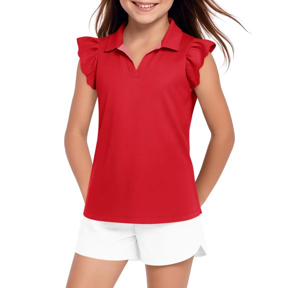 Girls Short Sleeve Polo Shirts Kids Ruffle Puff Sleeve Tops Button Collar School Uniform Shirts 5-14 Years Red 160