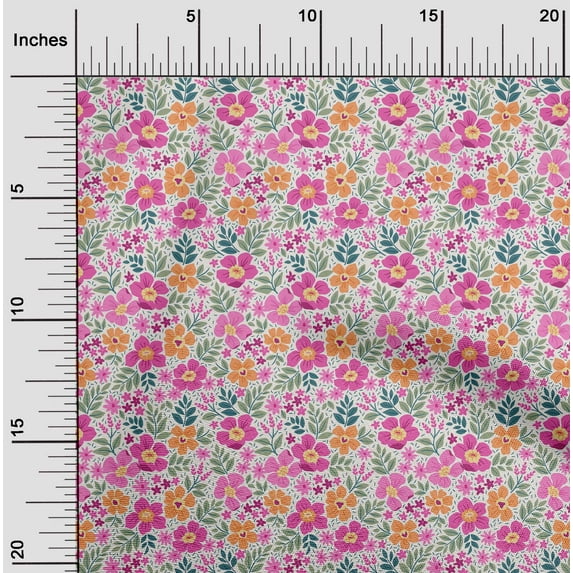oneOone Cotton Cambric White Fabric Leaves & Flower Floral Sewing Craft Projects Fabric Prints By Yard 56 Inch Wide