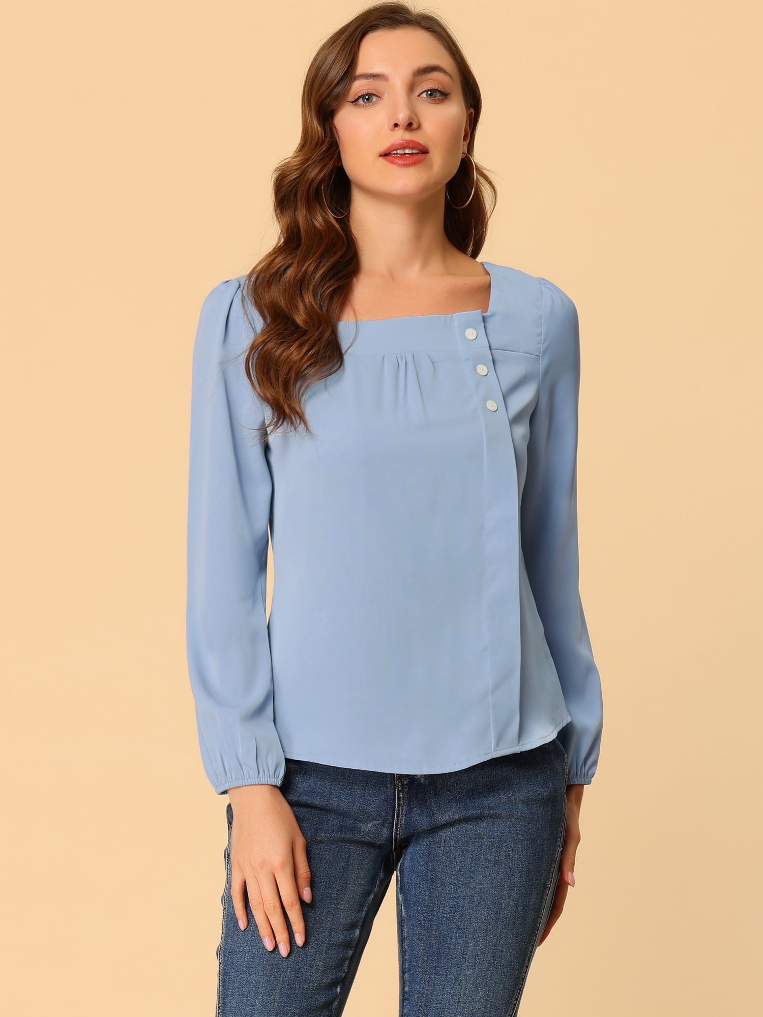 DARING DIVA Women's Pleated Front Casual Long Sleeve Square Neck Blouse XS Blue Gray